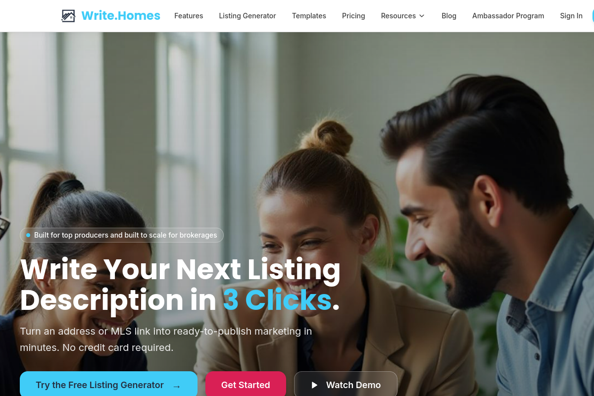 Screenshot of the Write.homes website