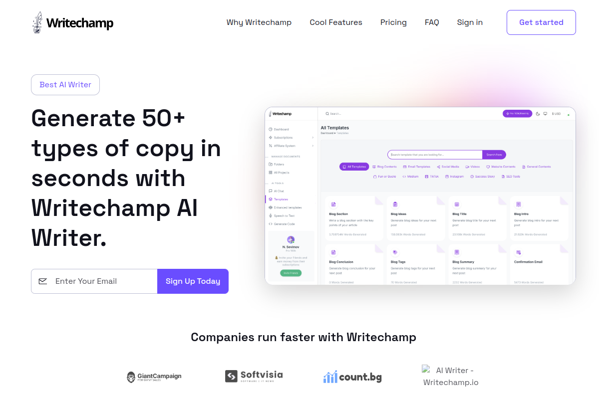 Screenshot of the Writechamp website
