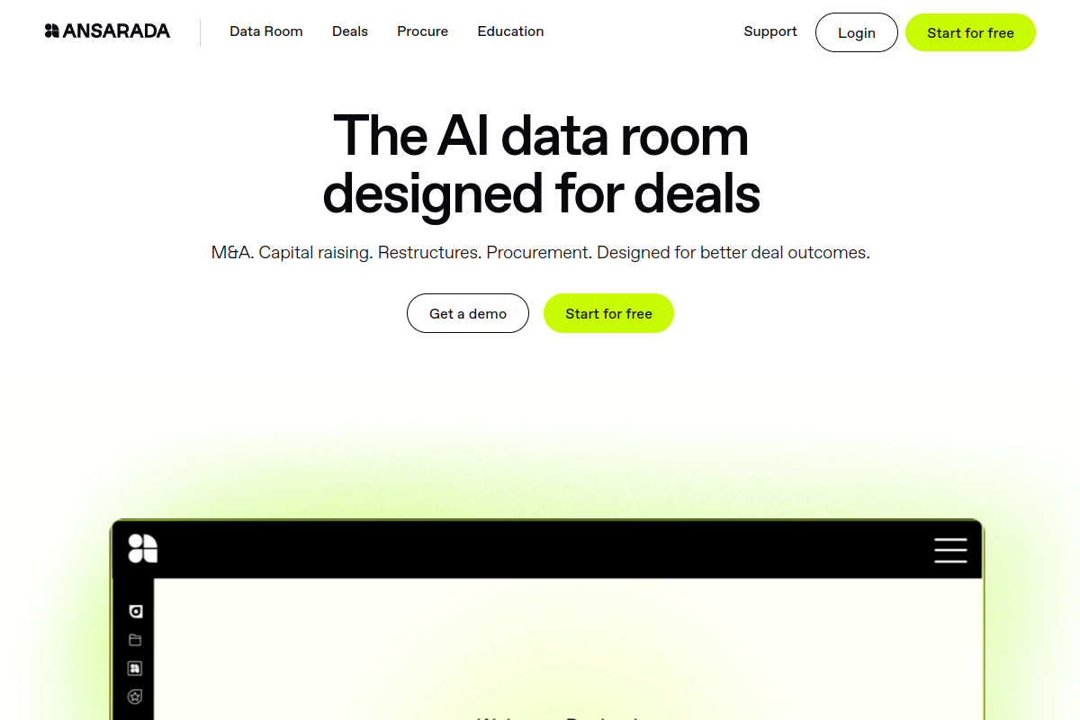 Ansarada homepage screenshot, a Datasite Diligence alternative