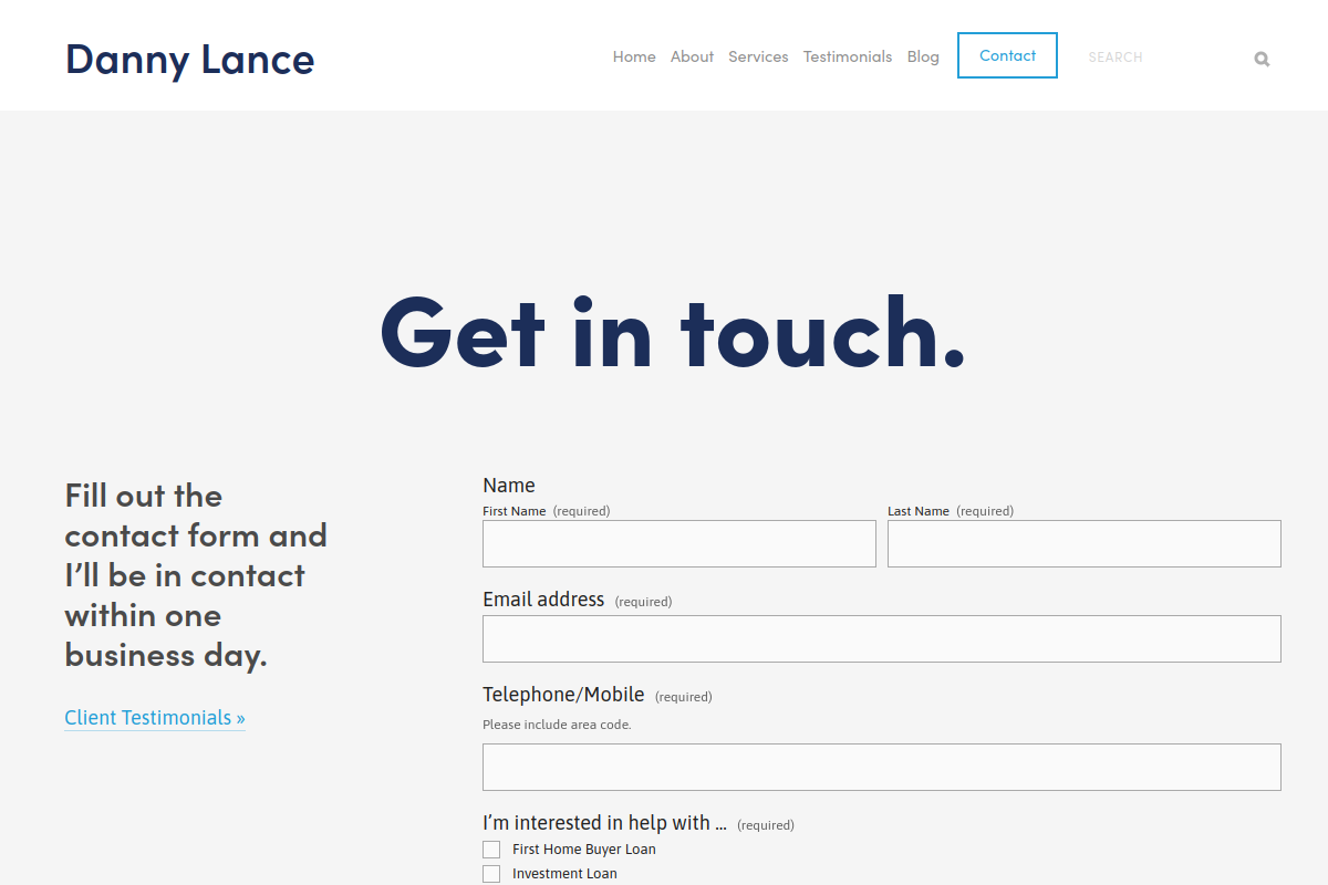 Screenshot of Contact | Sydney Mortgage Broker — Danny Lance