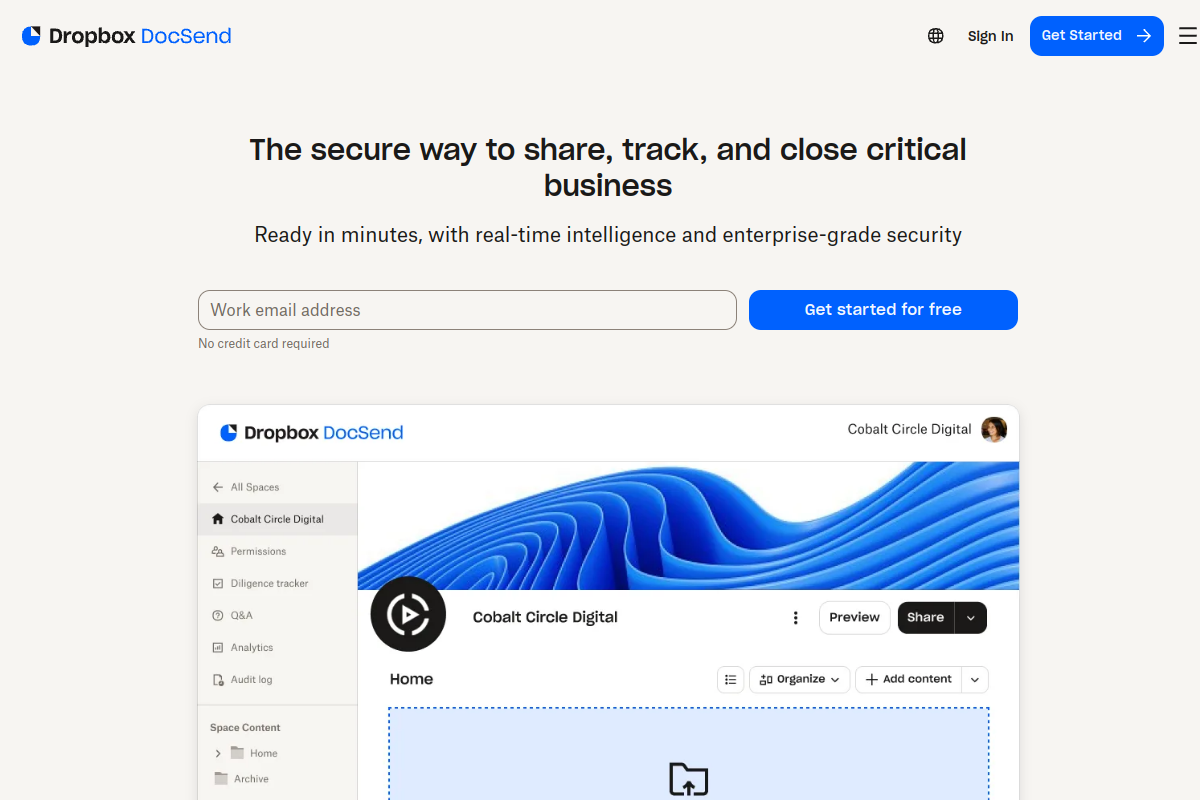 Dropbox DocSend homepage screenshot for secure document sharing tools