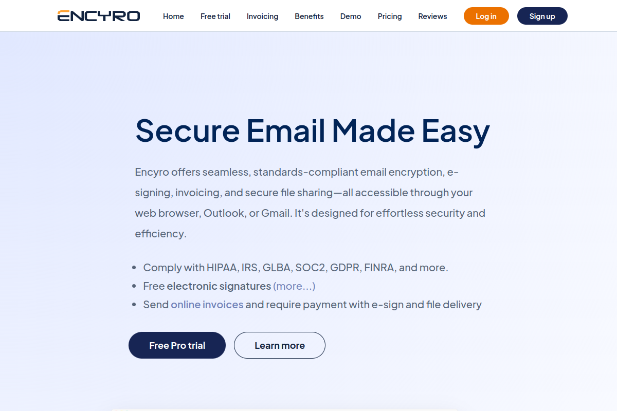 Encyro homepage screenshot showing Gmail encryption plugin