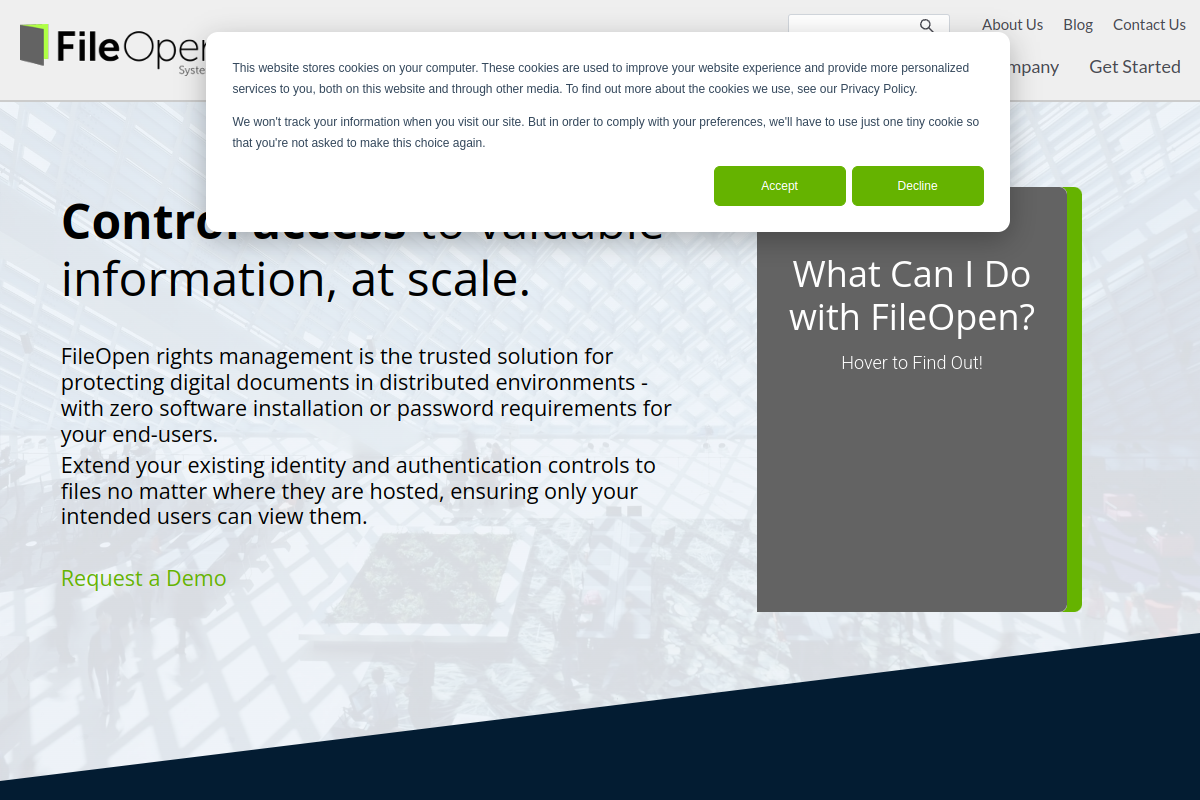 FileOpen homepage screenshot for document security software