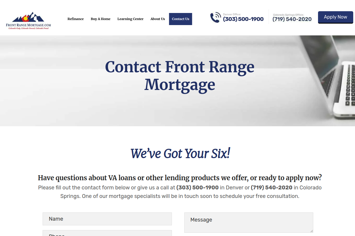 Screenshot of Contact Front Range Mortage | Denver CO Mortgage Company