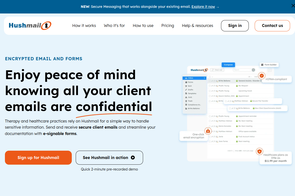 Hushmail homepage screenshot for email encryption tools