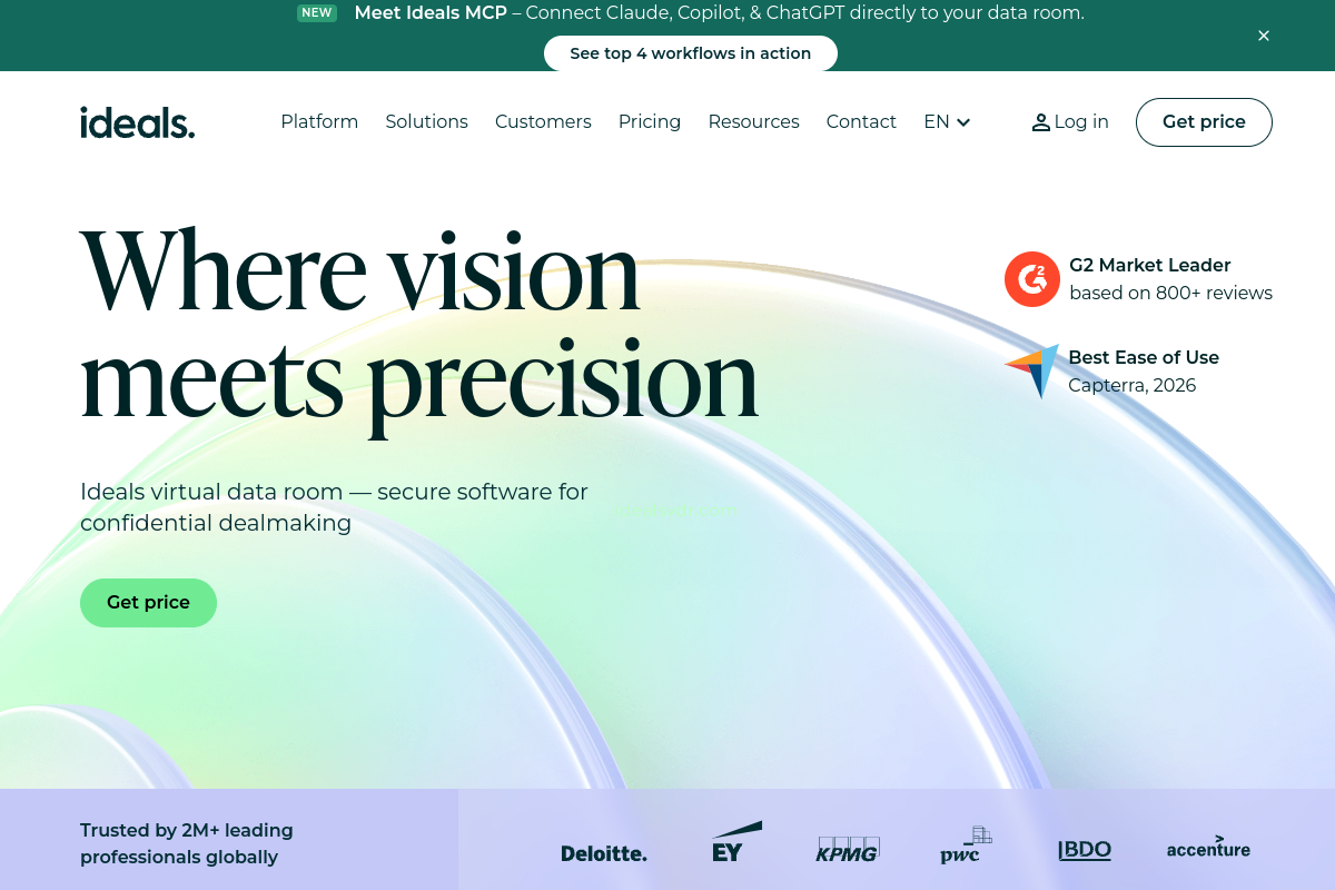 Ideals Virtual Data Room homepage screenshot, a Datasite Diligence alternative