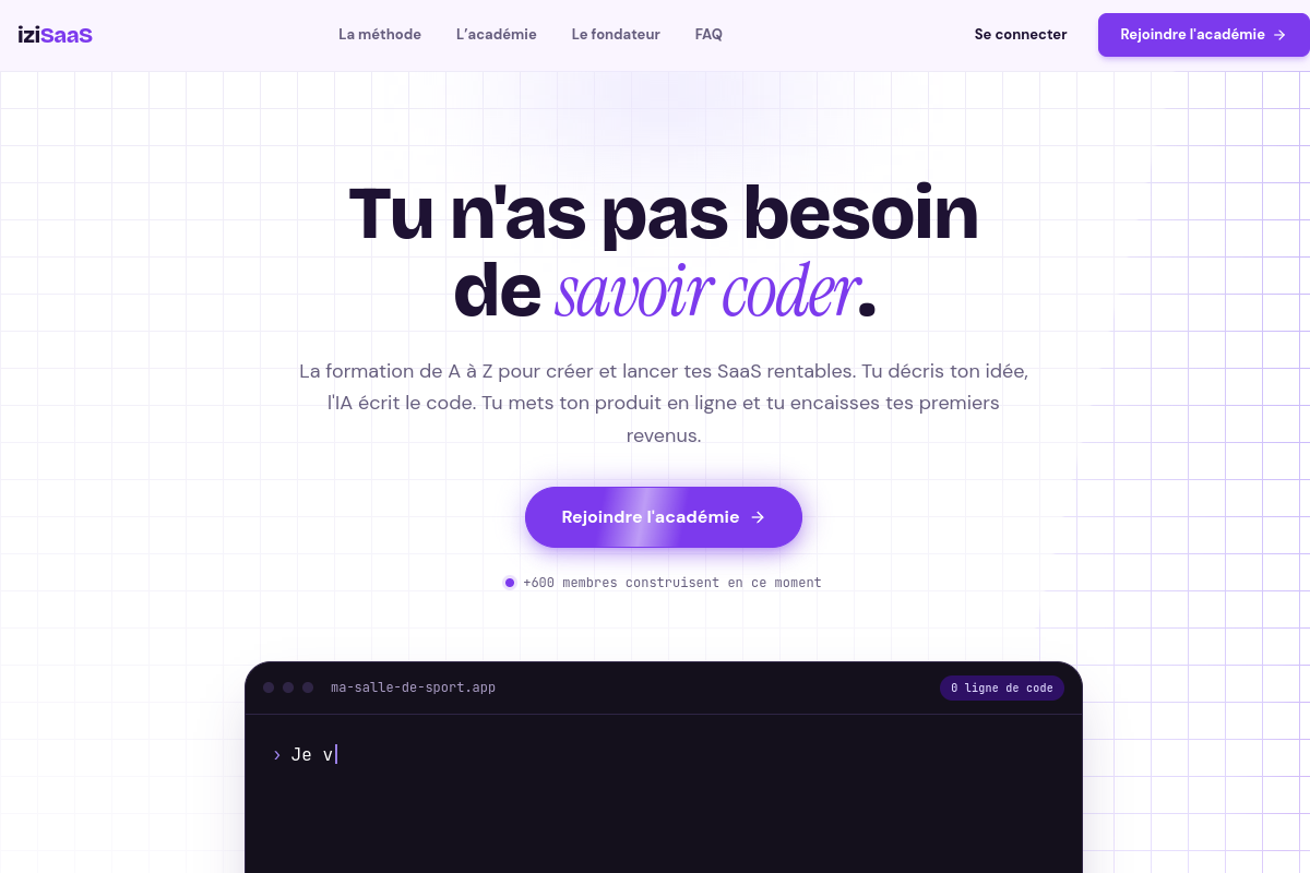 Capture du site iziSaaS Academy