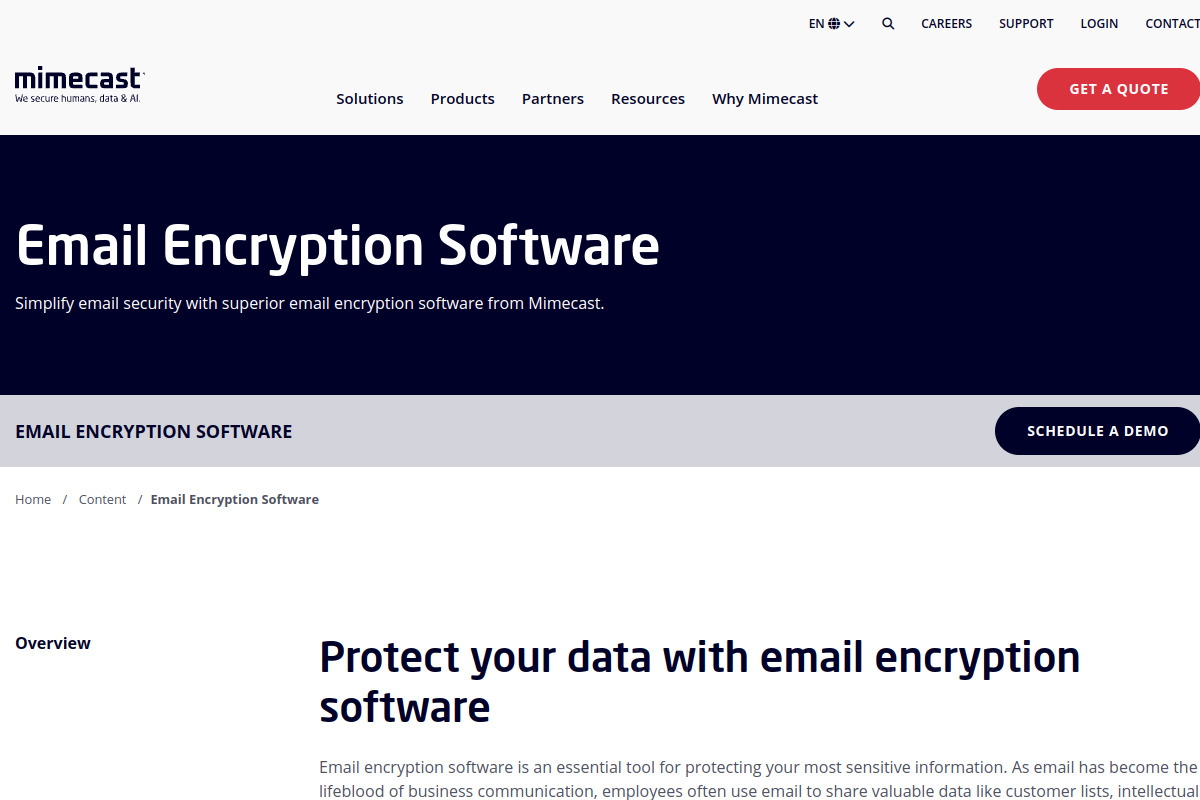 Mimecast homepage screenshot for email encryption tools