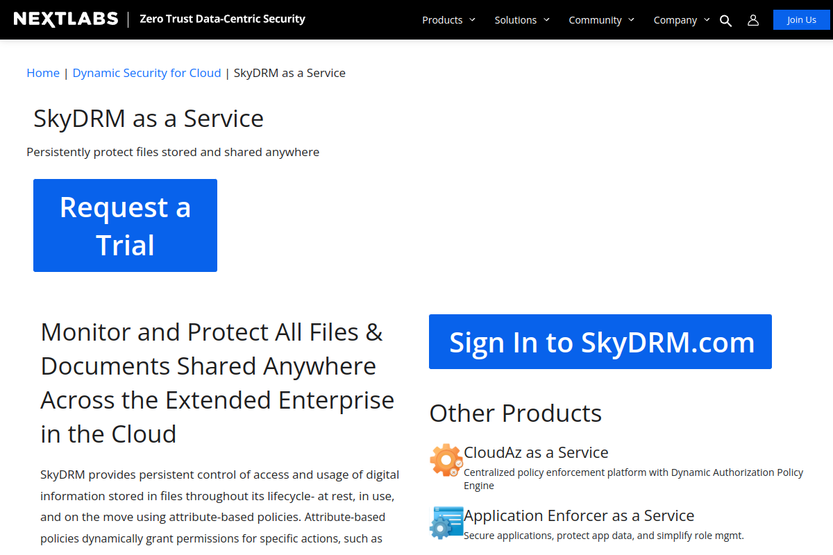 NextLabs SkyDRM homepage screenshot for DRM software