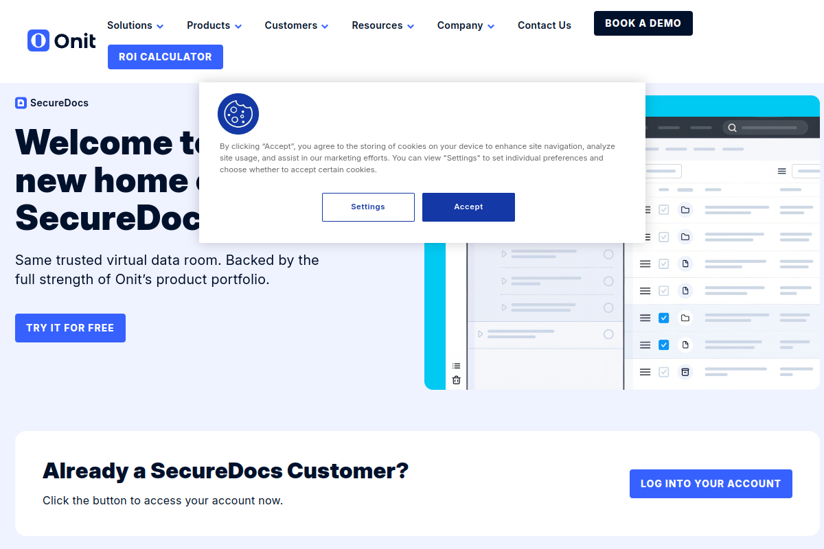 SecureDocs homepage screenshot, a Datasite Diligence alternative