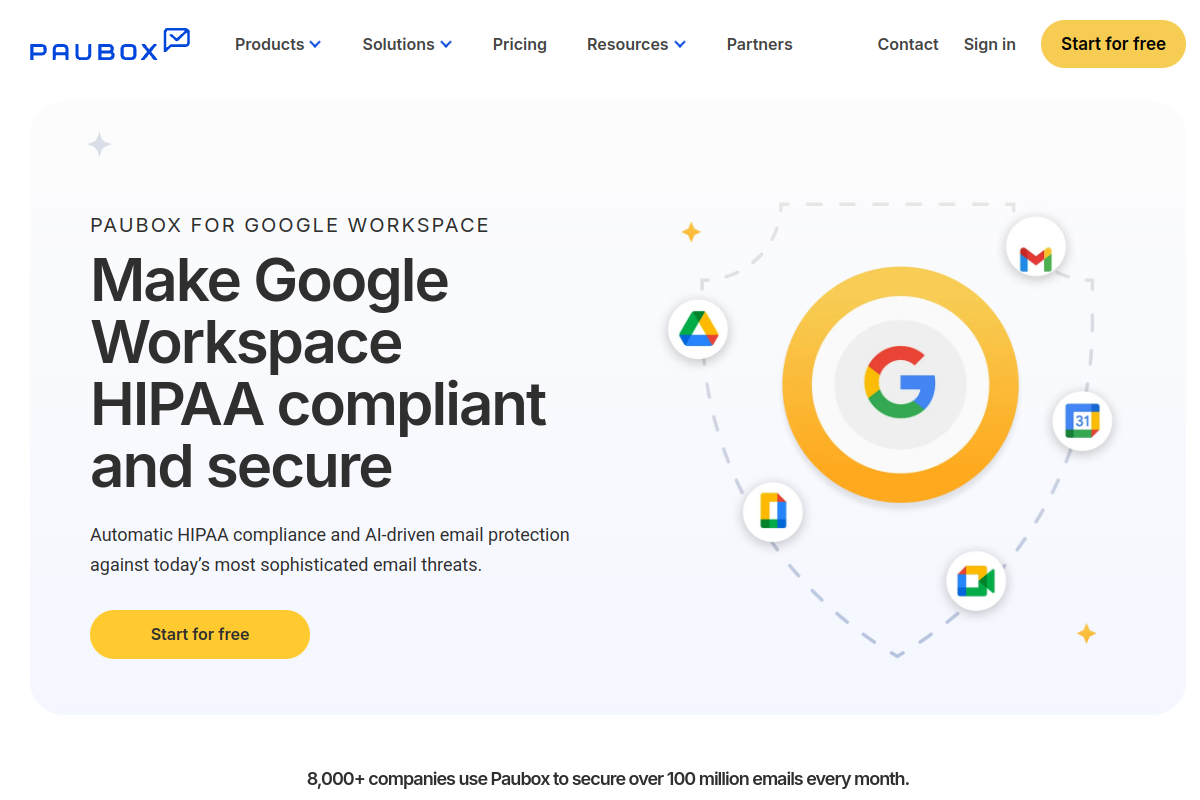 Paubox homepage screenshot showing Google Workspace HIPAA email encryption