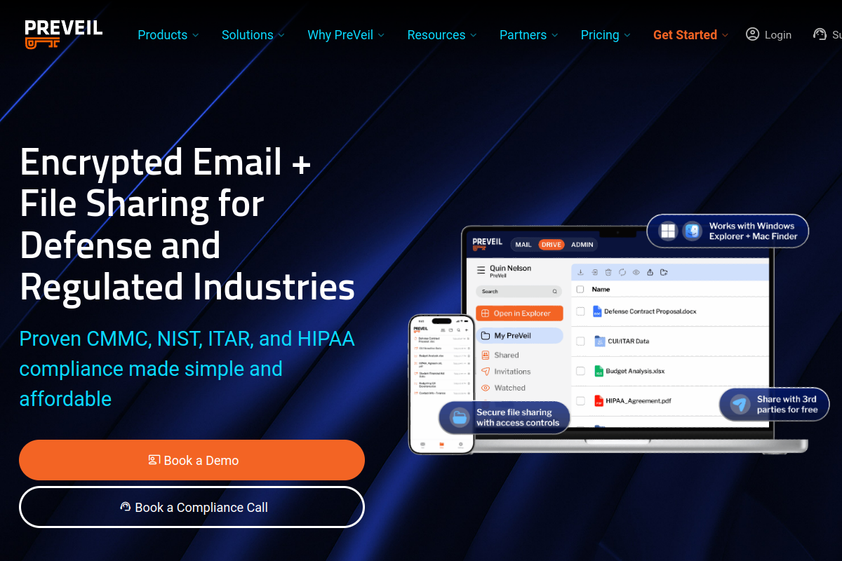 PreVeil homepage screenshot for email encryption tools