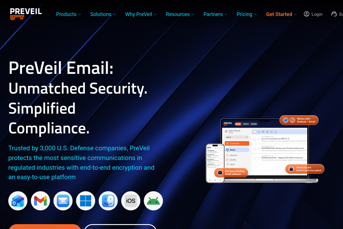 PreVeil homepage screenshot showing encrypted Gmail integration