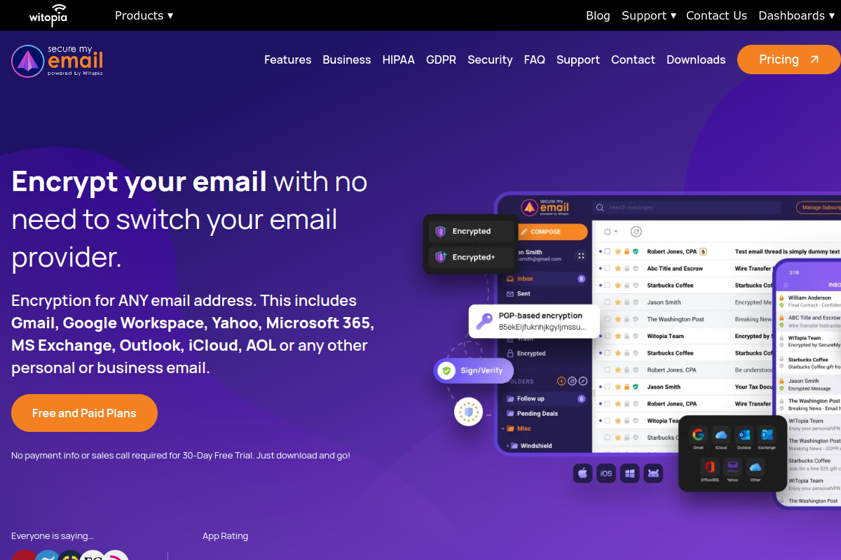 SecureMyEmail homepage screenshot for Gmail encryption plugins