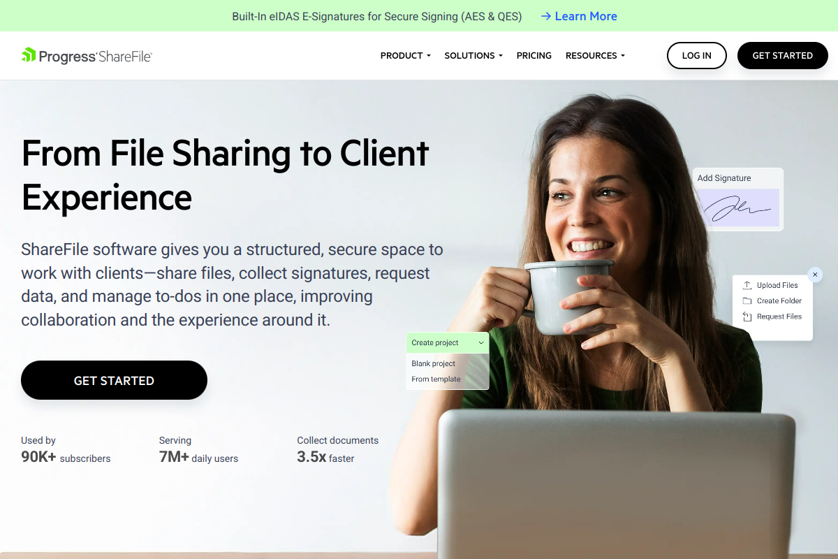 Progress ShareFile homepage screenshot for secure document sharing tools