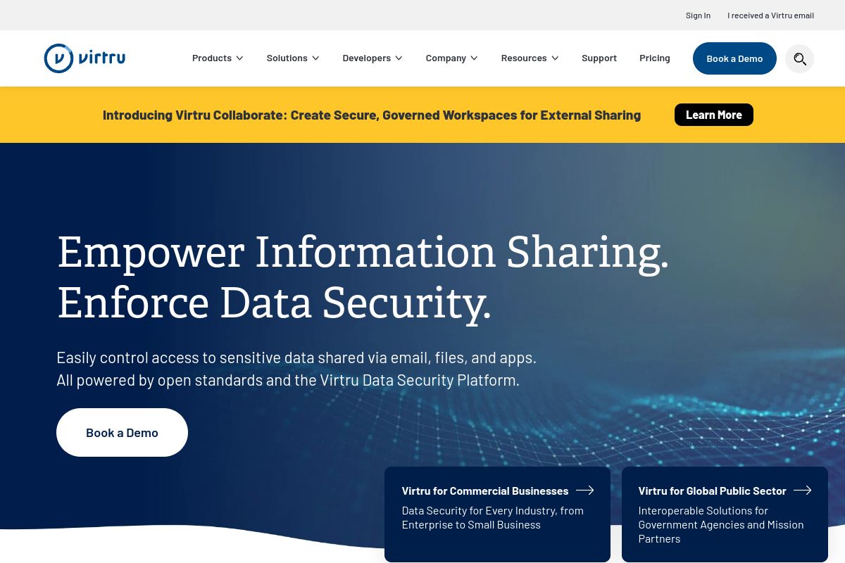 Virtru homepage screenshot for email encryption tools