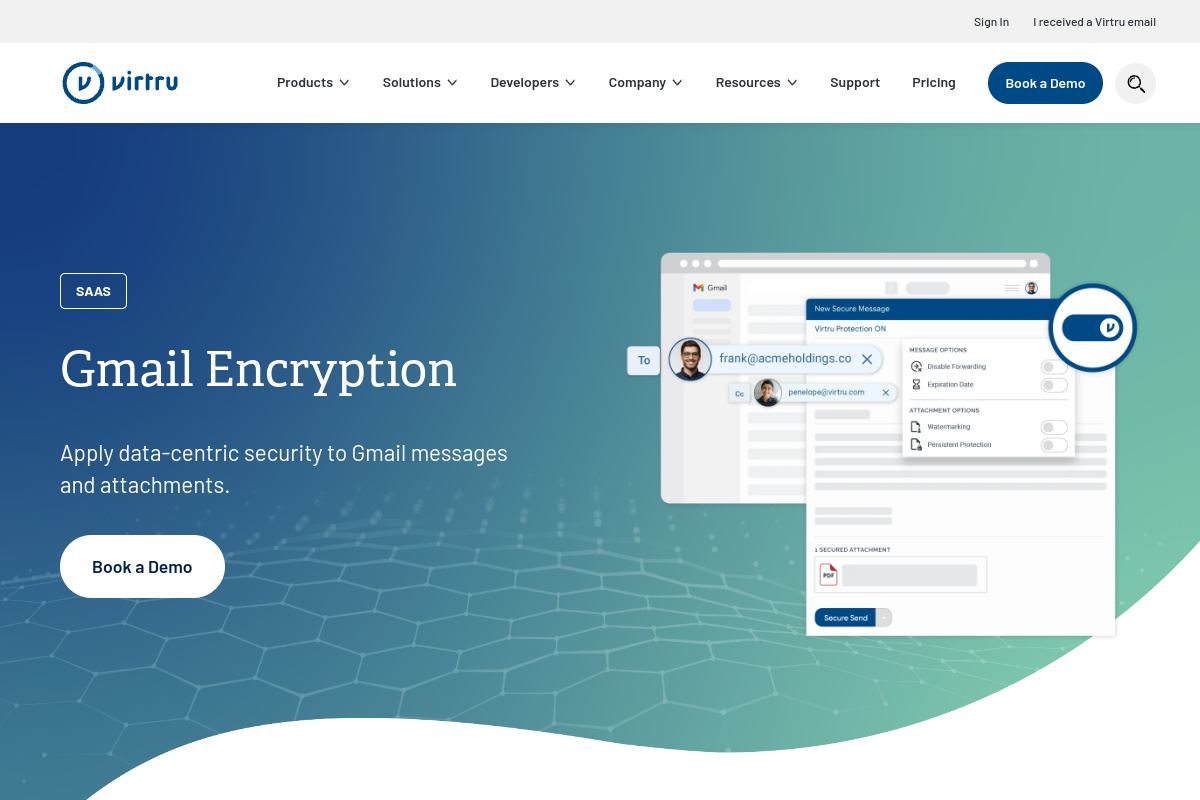 Virtru homepage screenshot showing Gmail encryption features