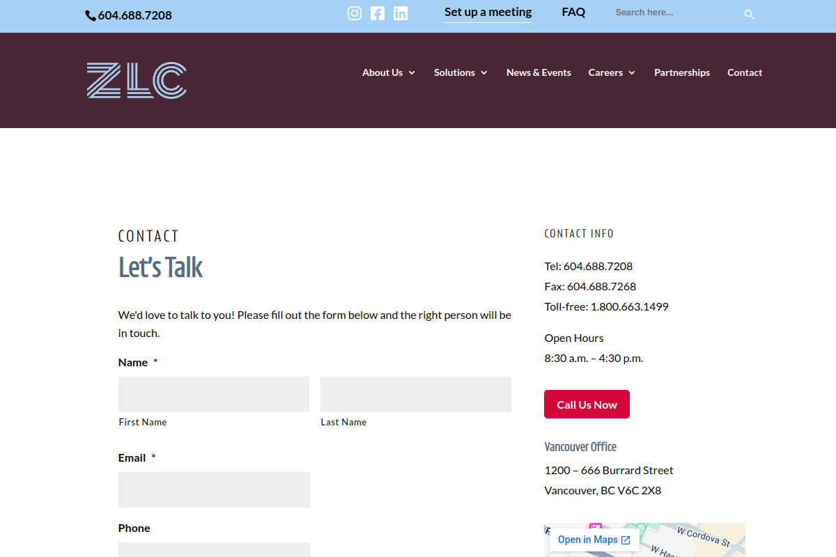 Screenshot of Contact - ZLC Financial