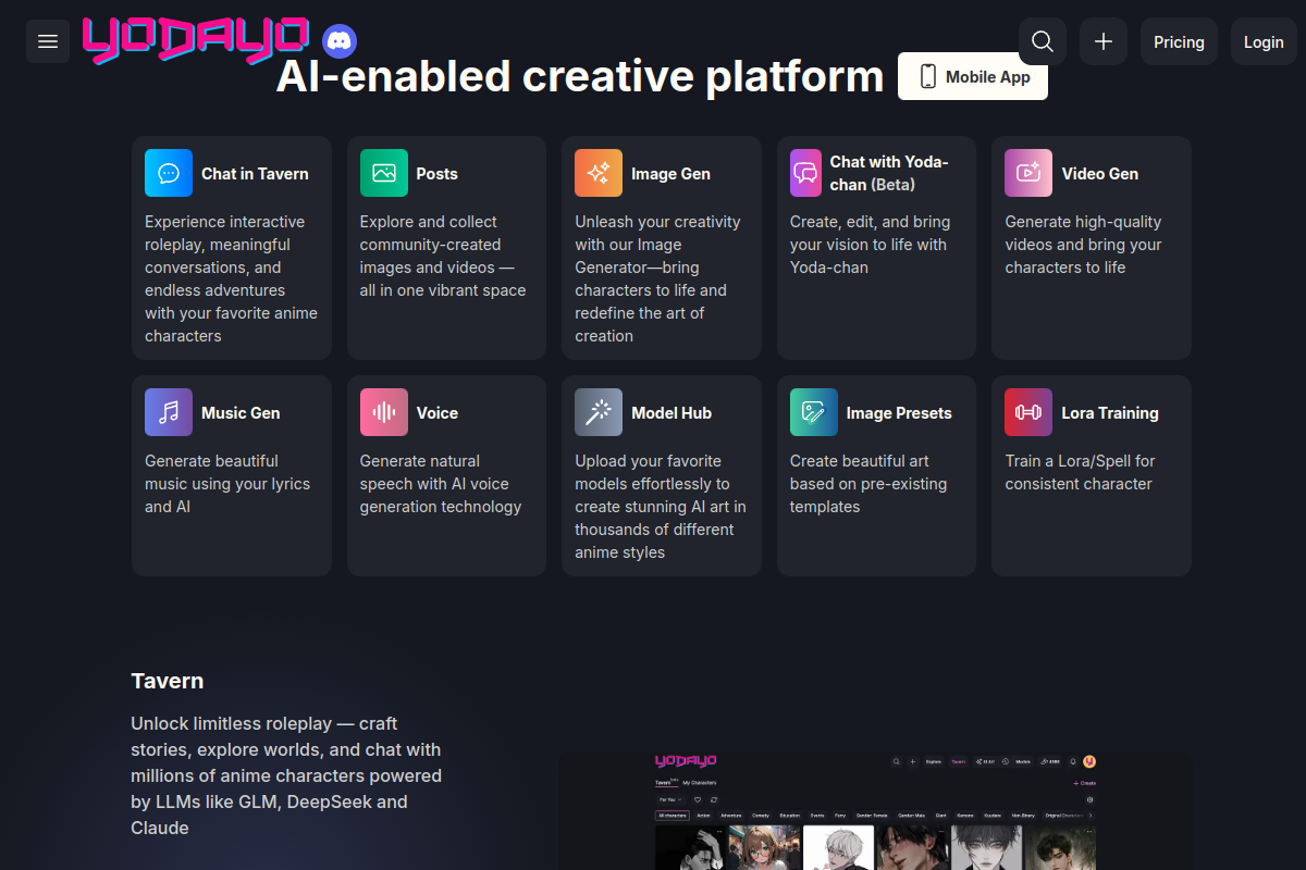 Screenshot of the Yodayo website