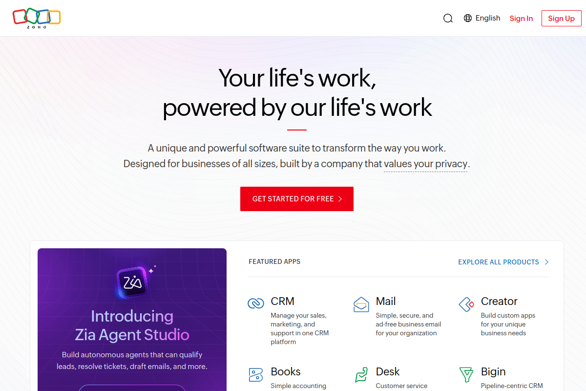 Screenshot of the Zoho Creator website
