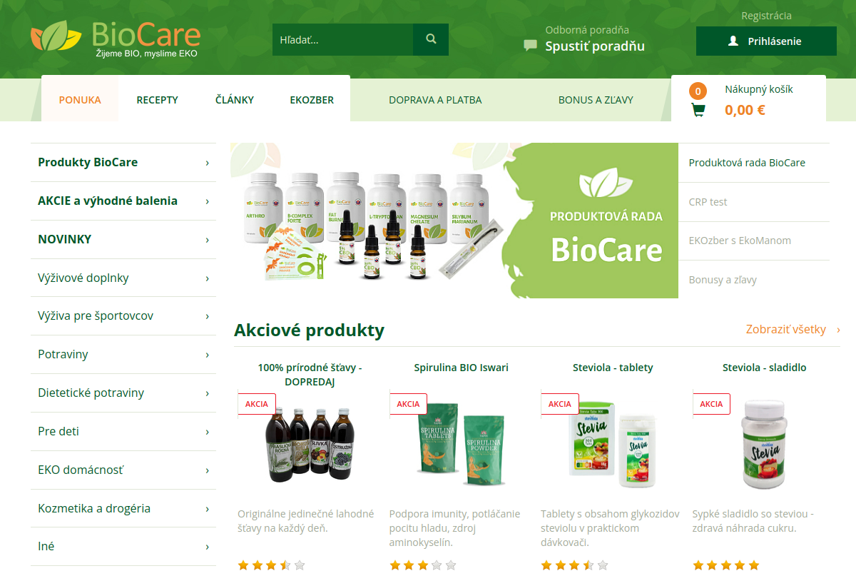 Náhľad e-shopu BioCare - produkty pre zdravie