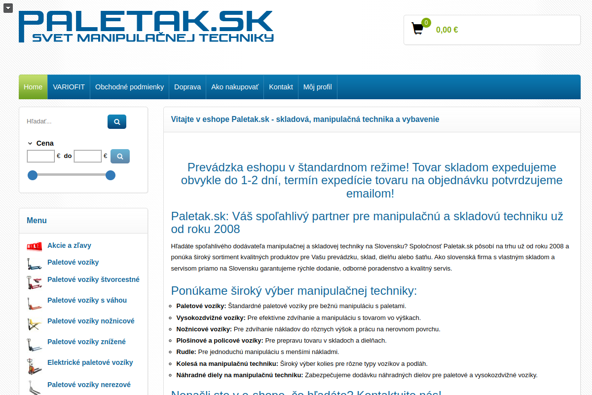 Náhľad e-shopu WWW.PALETAK.SK - SVET MANIPULAčNEJ TECHNIKY