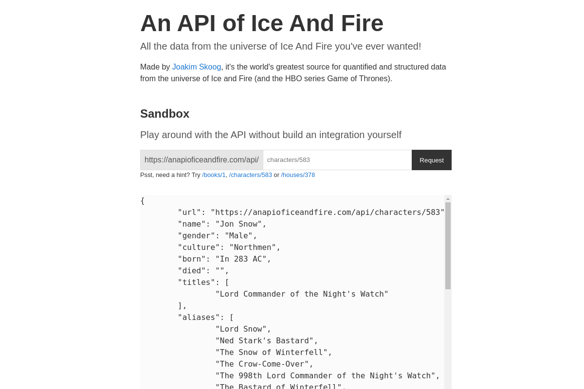 An API of Ice And Fire preview
