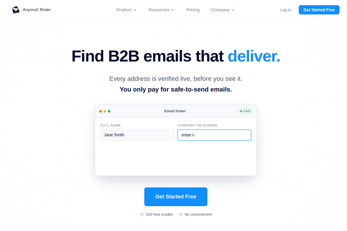 B2B Email Finder with Live Verification website screenshot 1