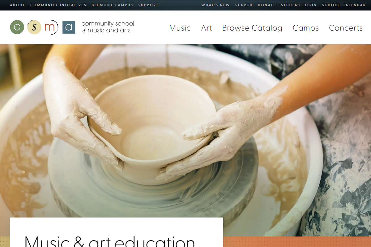 Homepage screenshot of the Community School of Music and Arts, captured July 12, 2026