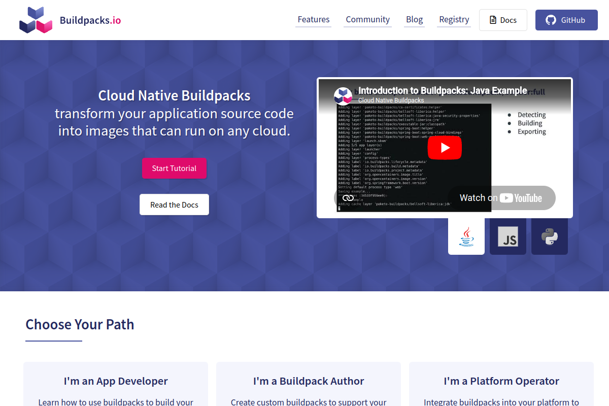 Screenshot of buildpacks.io