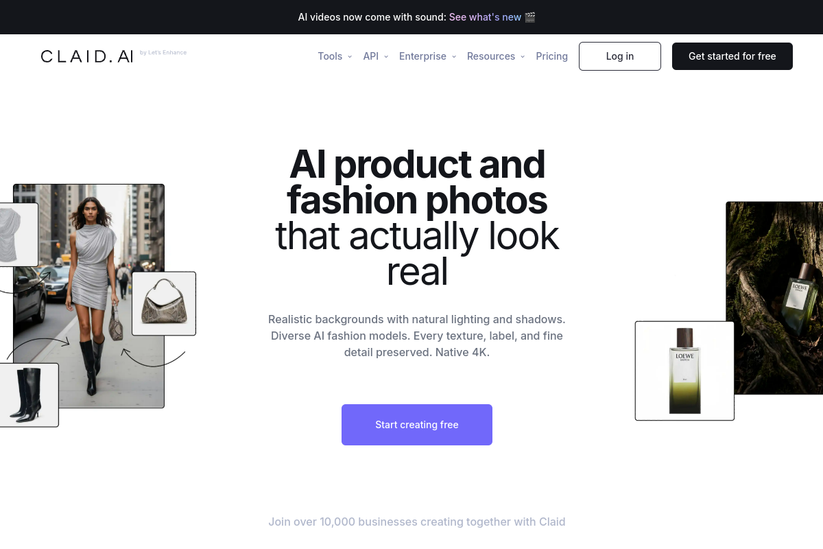 Claid: AI product photography and fashion photo editor website screenshot 1