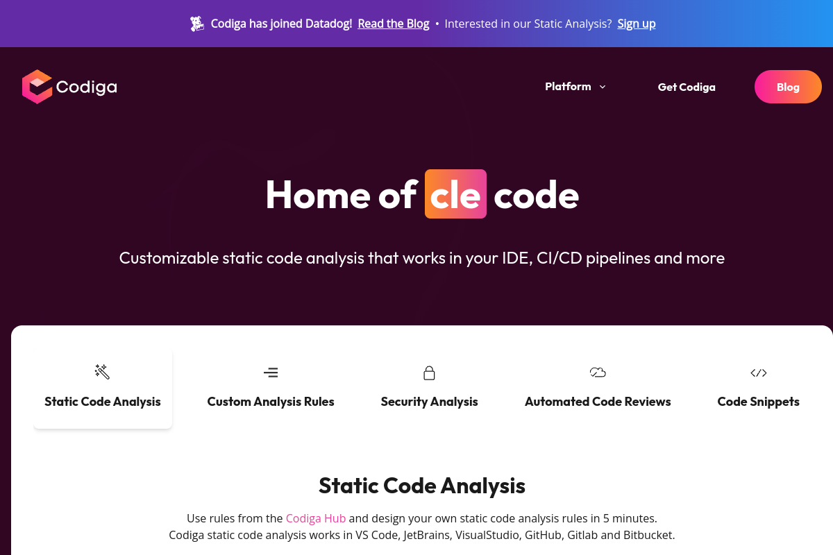 Codiga: Analyze and Fix your Code! website screenshot 1