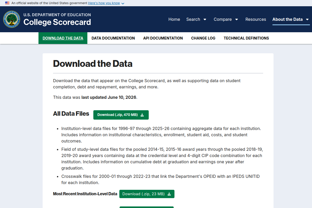 CollegeScoreCard.ed.gov preview