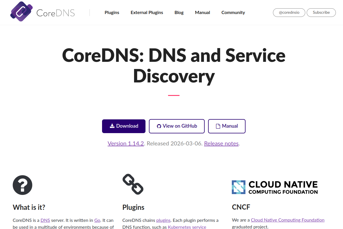 Screenshot of coredns.io