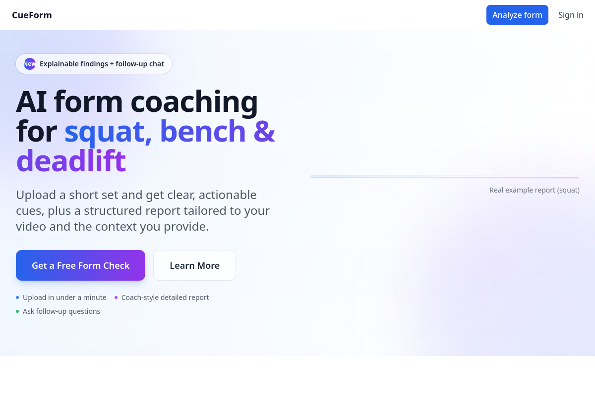 AI Form Check for Squat, Bench & Deadlift website screenshot 1