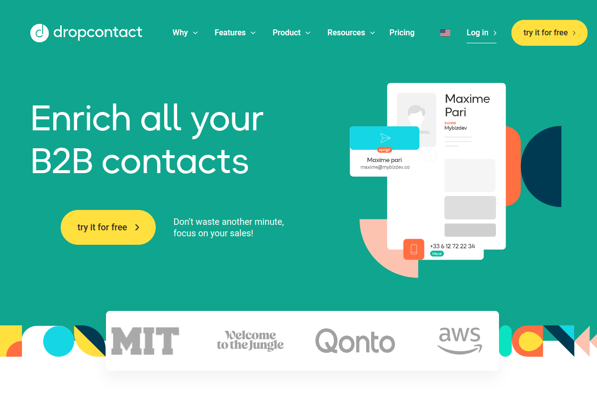 Dropcontact: The best B2B Email Finder 100% GDPR compliant website screenshot 1