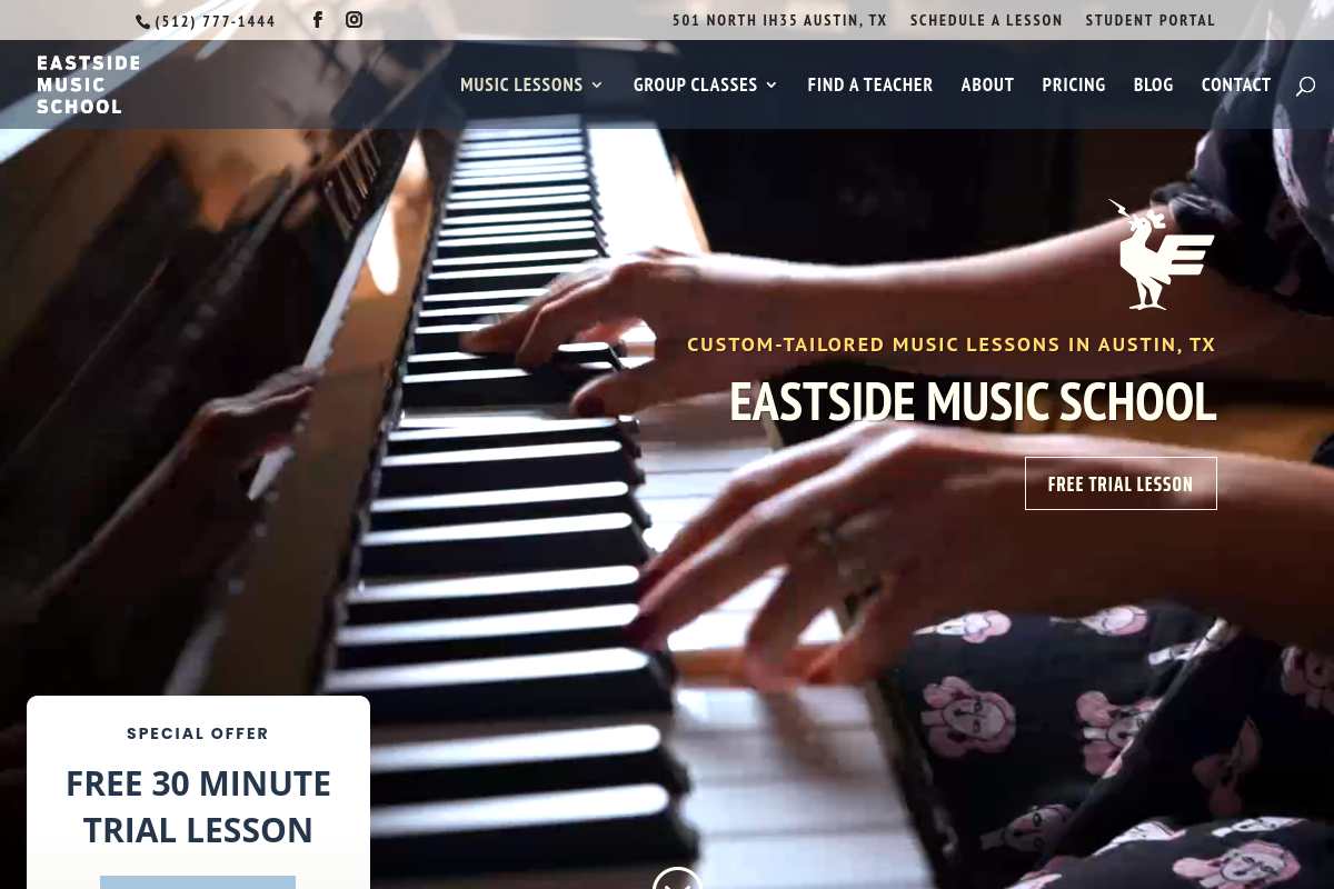 Homepage screenshot of Eastside Music School, captured July 12, 2026
