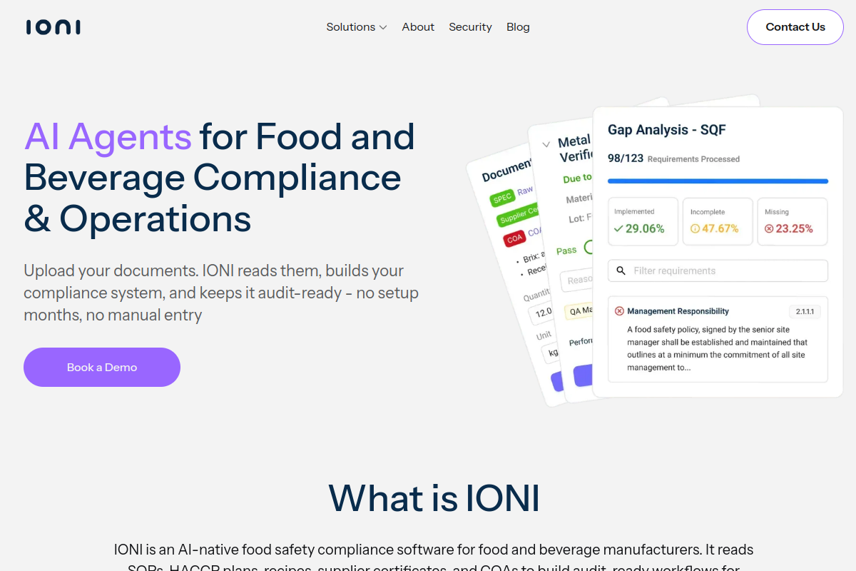 AI Food Safety Software for Manufacturers website screenshot 1
