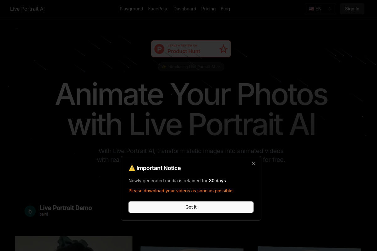 Live Portrait AI|LivePortrait-Photo Animate By Hugging Face website screenshot 1