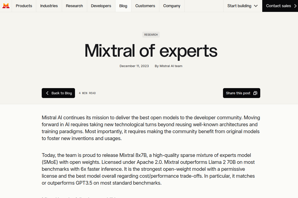 Mixtral of experts website screenshot 1