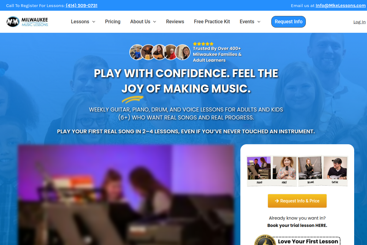 Homepage screenshot of Milwaukee Music Lessons, captured July 12, 2026