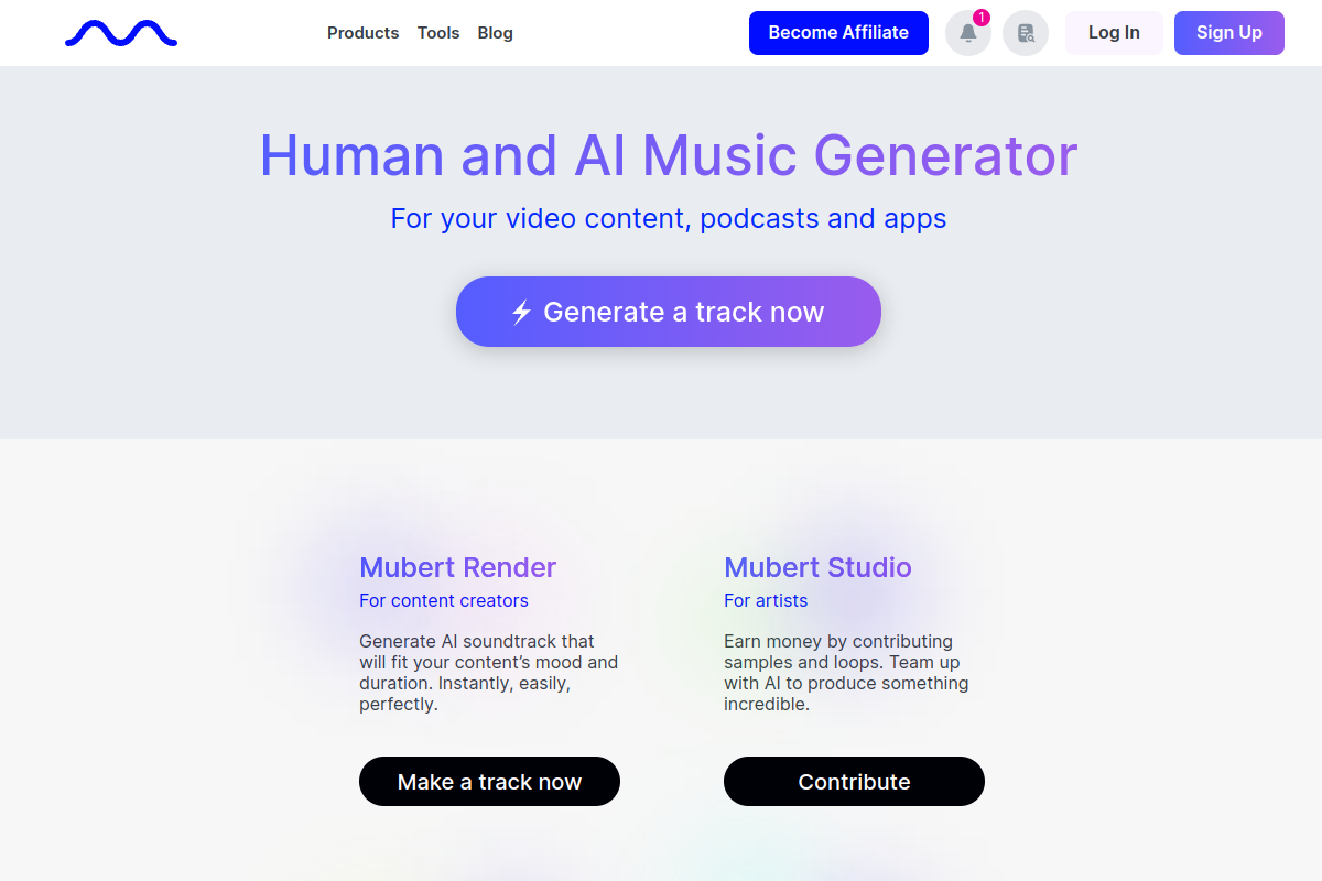 ≻ Mubert AI Music Generator website screenshot 1