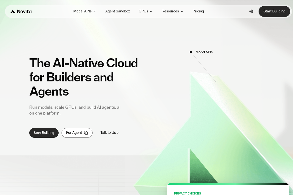 Novita AI website screenshot 1
