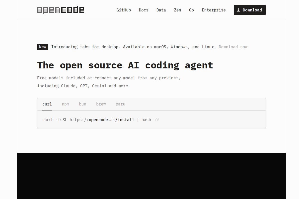 OpenCode website screenshot 1
