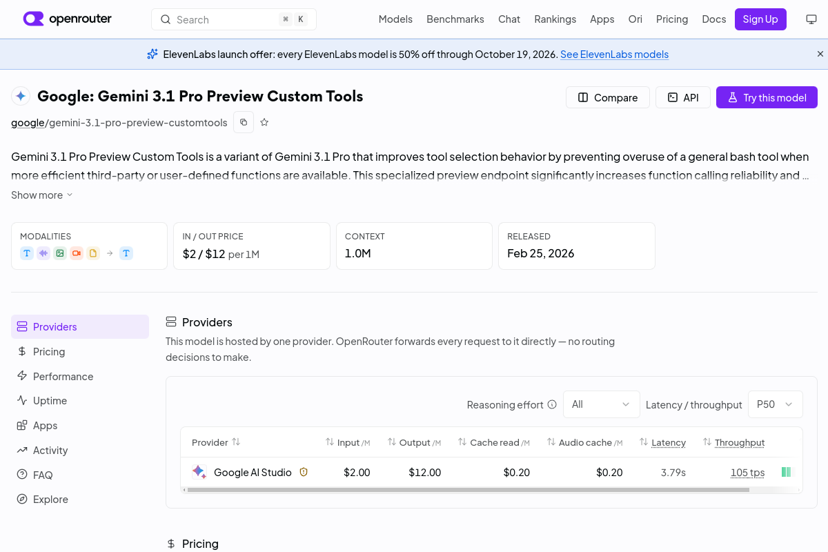 Google: Gemini 3.1 Pro Preview Custom Tools preview