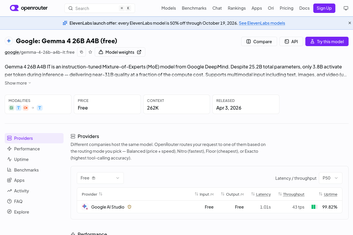 Google: Gemma 4 26B A4B  (free) preview