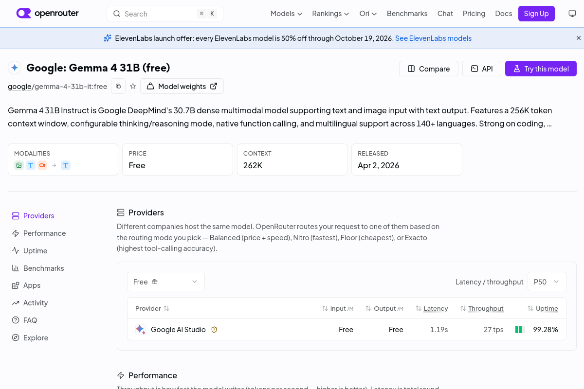 Google: Gemma 4 31B (free) preview