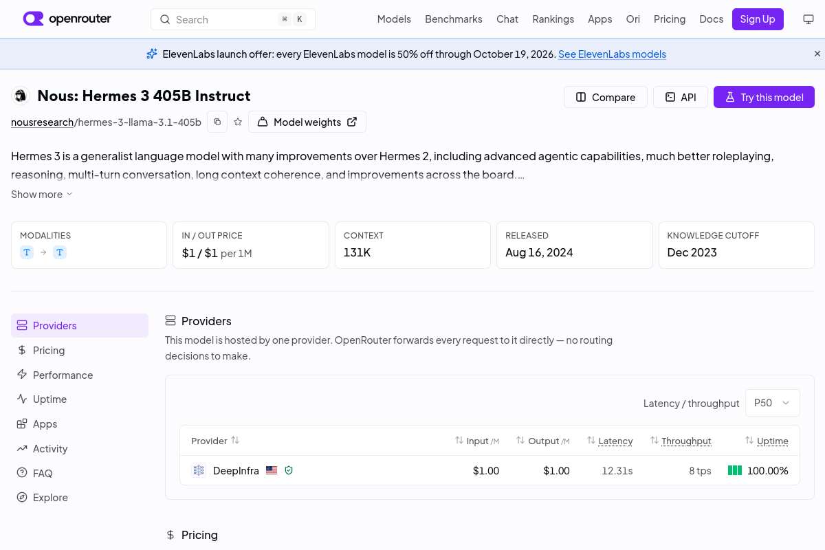 Nous: Hermes 3 405B Instruct preview