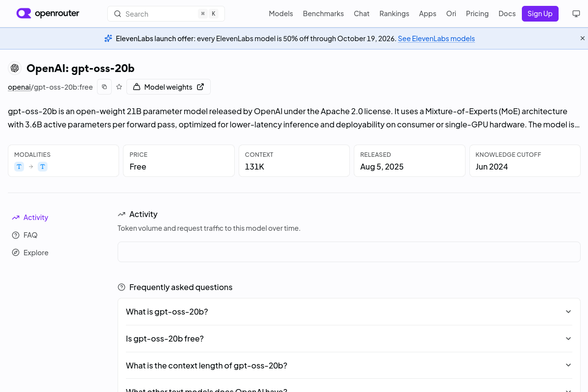 OpenAI: gpt-oss-20b (free) preview