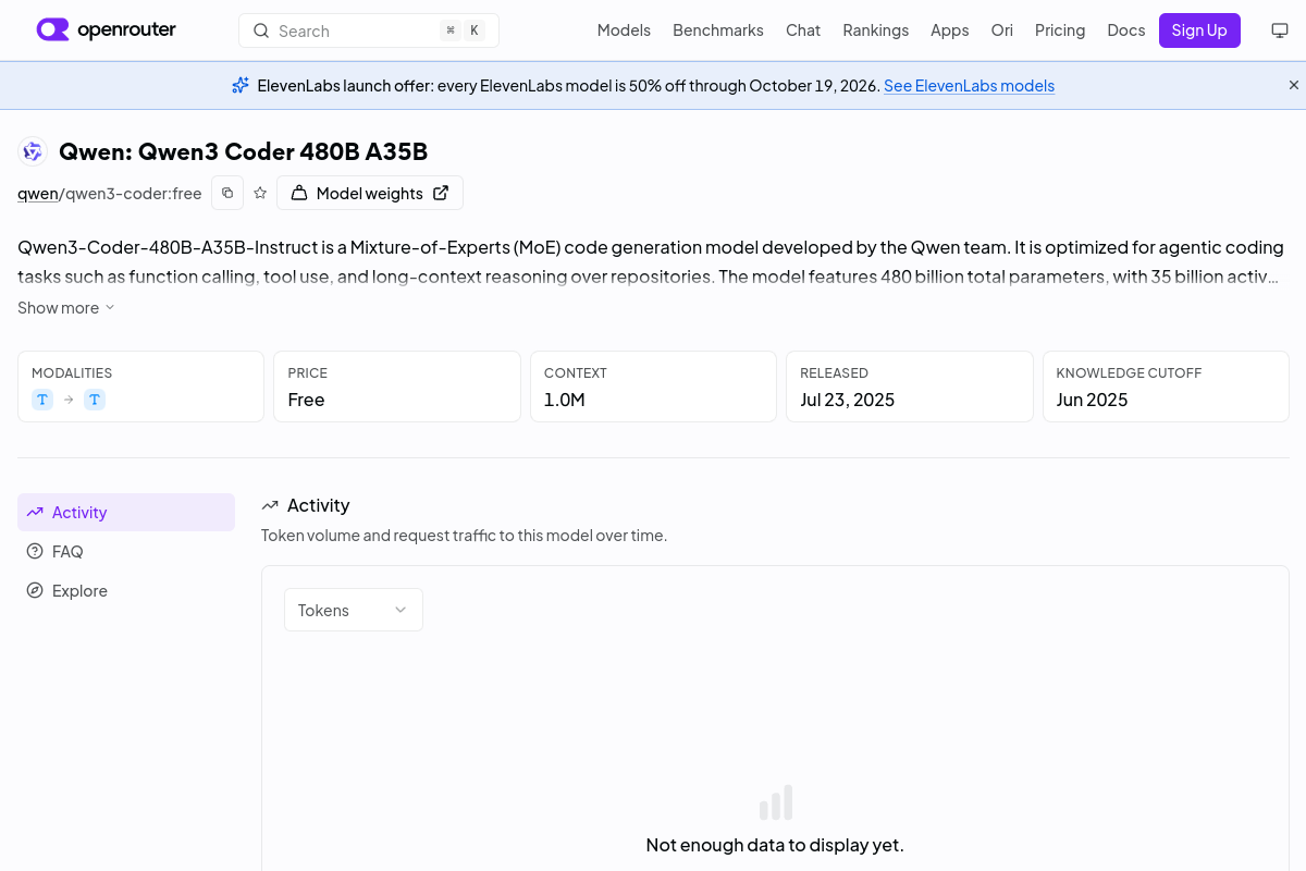 Qwen: Qwen3 Coder 480B A35B (free) preview